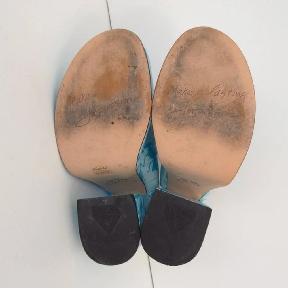 John Fluevog Blue Newsprint Lasting Impressions Tenura Chunky Platform‎ Heels- 8
